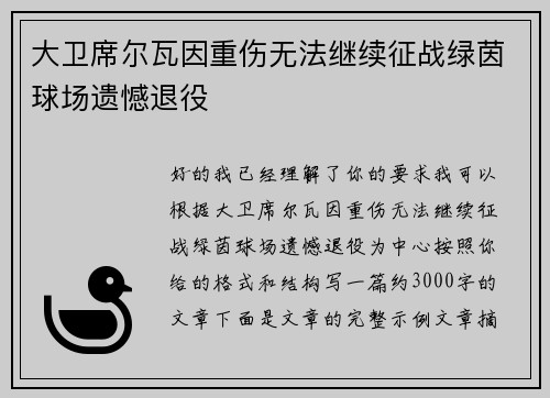 大卫席尔瓦因重伤无法继续征战绿茵球场遗憾退役